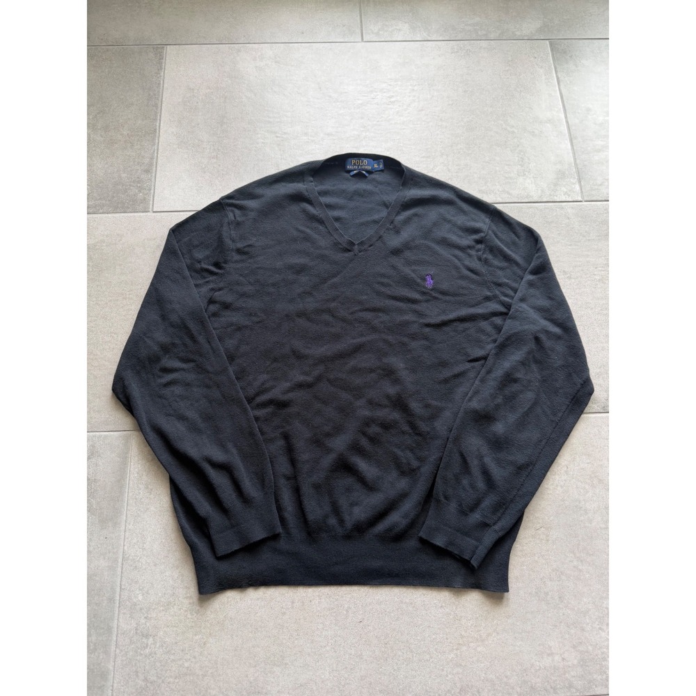 Polo Ralph Lauren Mens XL Black Pima‎ Cotton V-Neck Sweater Purple Pony Logo